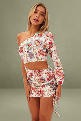 White Print One Shoulder Cutout Dress