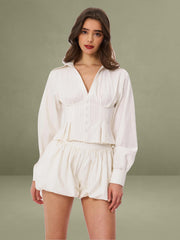 Sylvia White Pinstripe Deep V Pleated Shirt