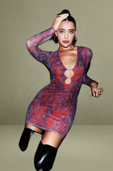 Red Abstract Mini Dress Long Sleeve V-Neck Bodycon Keyhole