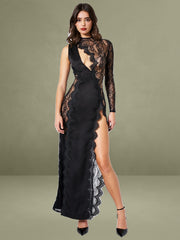 Weslyn Black Satin Lace High Slit Dress