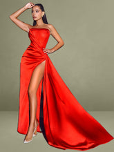 Red Crystallized Corset High Slit Satin Dress