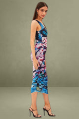 Blue Printed Dress Butterfly And Flower Ruched Bodycon