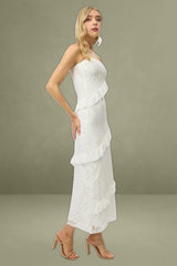 White Bodycon Midi Lace Boob Tube Dress with Ruffle