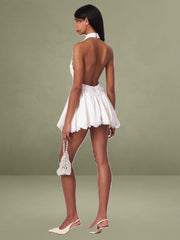 Pearl White Beaded Lace Trim Backless Halter Mini Dress