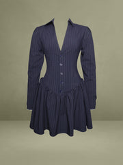 Xabrina Navyblue Pinstripe Long Sleeve Shirt Mini Dress