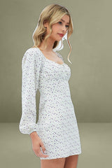White Floral Midi Dress Long Sleeve Gathering Bust