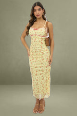 Yellow Ditsy Mesh Midi Bodycon Singlet Dress