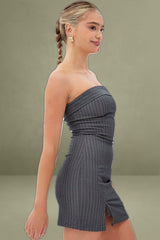 Grey Stripe Bodycon Dress Strapless Boob Tube Mini