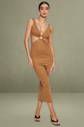 Brown Midi Dress Ribbed Cut Out