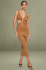 Brown Midi Dress Ribbed Cut Out