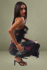 Black Floral Bodycon Dress Singlet Cowl Neck Maxi