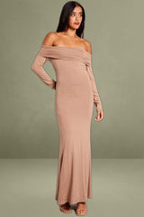 Brown Off Shoulder Dress Long Sleeve Maxi