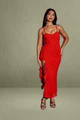 Red Maxi Bodycon Chiffon Dress with Ruffle and Slit