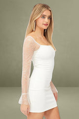 White Bodycon Dress Beaded Embellished Bell Mesh Sleeve