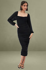 Black Midi Dress Long Sleeve Square Neck Ruched Bodycon