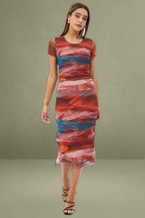 Brown Abstract Midi Dress Short Sleeve Bodycon Mesh