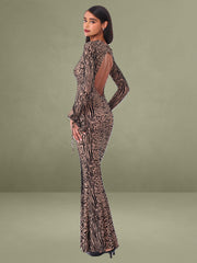 Waylynn Nude Black Animal Print Burnout Velvet Detail Mesh Backless Maxi Dress