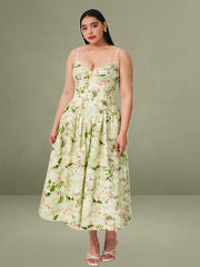 Jacinda Green Floral Print Ruched Breast Linen Midi Dress