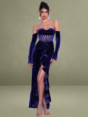 Taylee Navy Long Sleeve Off Shoulder Corset Velvet Gown