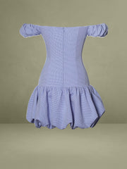 Sablee Checkered Puffy Off Shoulder Trim Bubble Hem Mini Dress