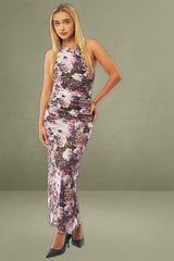 Brown Animal Print Bodycon Dress Halter Neck