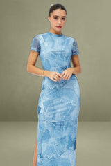Blue Print Maxi Dress Short Sleeve Crew Neck Bodycon Mesh