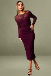 Brown Long Sleeve Mesh Bodycon Dress