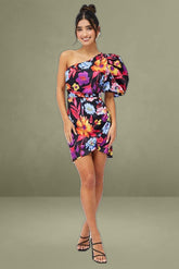 Multi-Flower One-Shoulder Puffed Sleeve Mini Dress