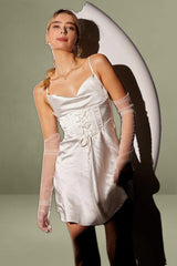 White Mini Dress Sleeveless Cowl Neck Corset Waist Satin
