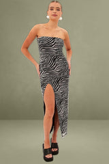 Black Animal Print Bodycon Dress Midi Strapless Side Split Mesh