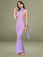 Olena Purple Burnout Velvet Animal Print Mesh Halter Neck Maxi Dress