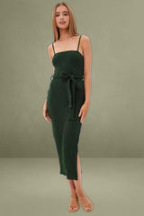 Green Maxi Bodycon Dress with Ribbed Fabric and Tie Belt
