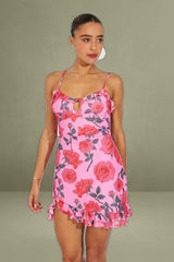 Multi Floral Mini Strappy Ruffle Keyhole Dress