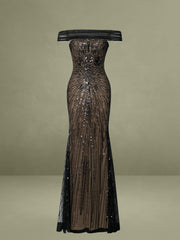 Qeturah Embroidered Sequin Off Shoulder Mesh Gown