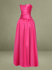 Fuchsia Satin Strapless Drop Waist Corset Gown