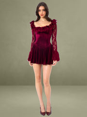 Yachira Burgundy Velvet Lace Flare Sleeve Mini Dress