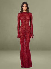 Waylynn Burnout Velvet Detail Mesh Backless Maxi Dress