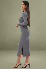 Grey Long Sleeve Mock Neck Cut Out Midi Bodycon Dress