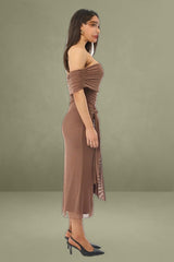 Brown Bodycon Dress Off Shoulder Mesh