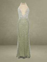Ginny Pear Green Pearl Embellished Backless Gown