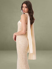 Raizel Gold Beaded Sequin Bodycon Gown with Scarf