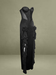 Talia Black Satin Lace Corset Maxi Dress