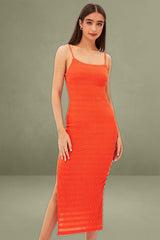 Orange Maxi Dress Textured Minimal Square Neck Bodycon