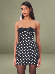 Tahira Black Polka Strapless Mini Dress with Bow
