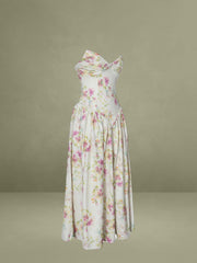 Yellow Floral Print Ruched Breast Linen Midi Dress