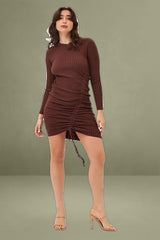 Brown Drawstring Dress Long Sleeve Mini