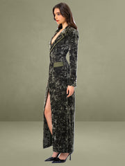 Willow Green Glossy Velvet High Slit Blazer Gown