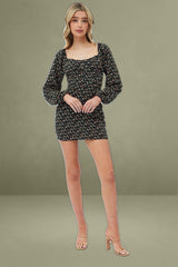 Black Floral Midi Dress Long Sleeve Gathering Bust