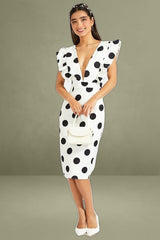 Black Polka Dot Midi Dress Plunge Ruffle Shoulder Oversized Polka