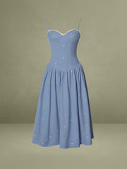 Zadie Cotton Denim Drop Waist Embroidery Flower Midi Dress